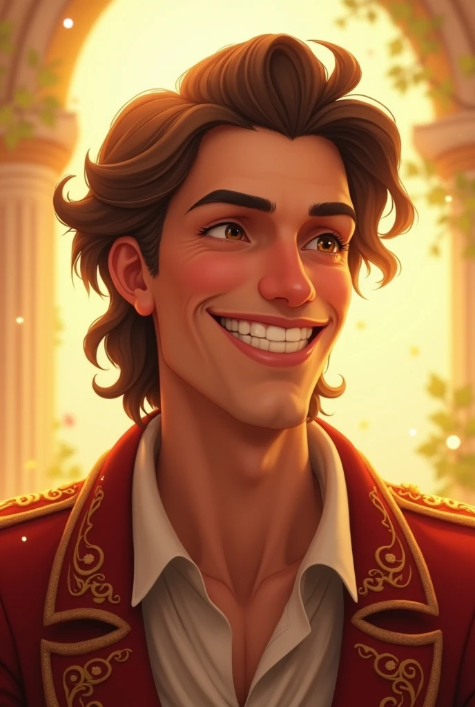 man prince, very happy smile teeth, brown hair, golden eyes, Sun 