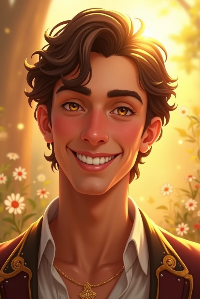 man prince, very happy smile teeth, brown hair, golden eyes, Sun