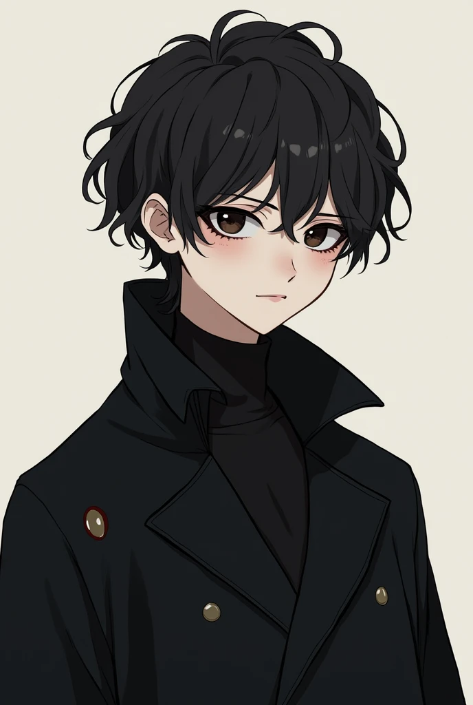 A character in the style similar to chainswanman, Trans man, shorth hair, but at neck height, he is very effeminate, He has 1,50 tall, dark eyes and black hair and he wears a black overcoat, curly hair, in the coat part there is a little red eye on the left and it is small, just like a symbol and inside he wears a black blouse with a high collar, curly hair, he has a little dark circles.