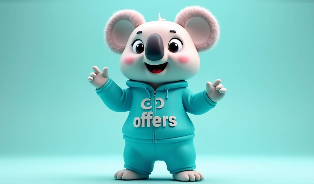 create a 3D koala that will be the mascot of an online store, make it charismatic and with a turquoise blue outfit written on it "LP offers"