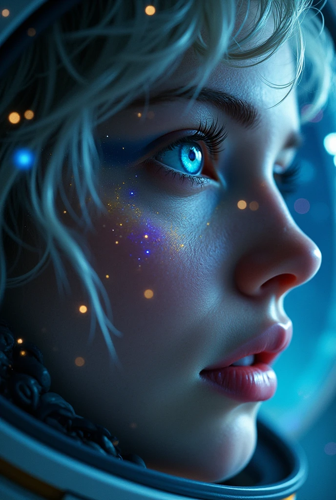 (Close-up of a better masterpiece:1.5)0.9], (Space and astronauts:1.2) (Messy silver hair:1.1) (Heterochromia xanthochromia and blue eyes:1.2) (Space Helmet:1.0) (Colored stars in the eyes:1.0) (A radiant glow:1.1) (thick lips:0.9)
