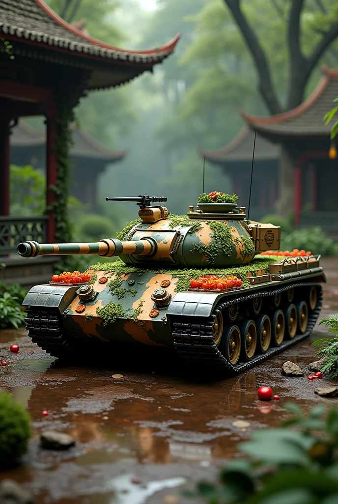 The T90 tank has a fierce pattern, is very scary, has a lot of bomb shields around it, is a plate of Thai food, and is in a forest temple.