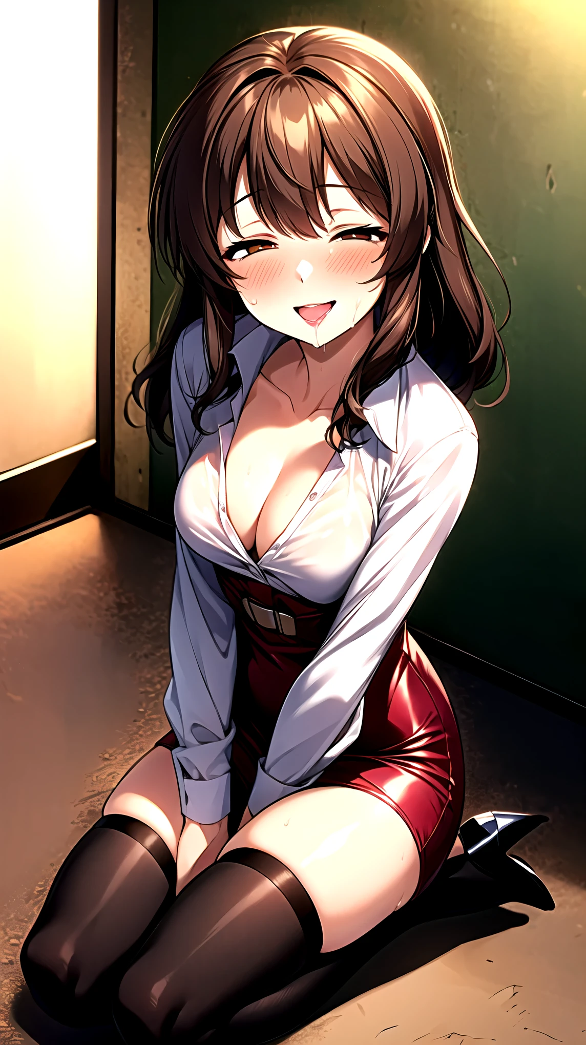 ((super high quality,Ultra-high resolution,16K,super masterpiece,Ultra HD ,Detailed shading,))Full body photo,A hill illuminated by the setting sun,One sexy mature woman,((popped Tight collar Pink shirts,SEXY cleavage,))Folded sleeves,Red pencil skirt,Black high heels,Brown medium long hair,Disheveled Hair,smile,blush,Thick lips,Sweaty,A small amount of drooling,