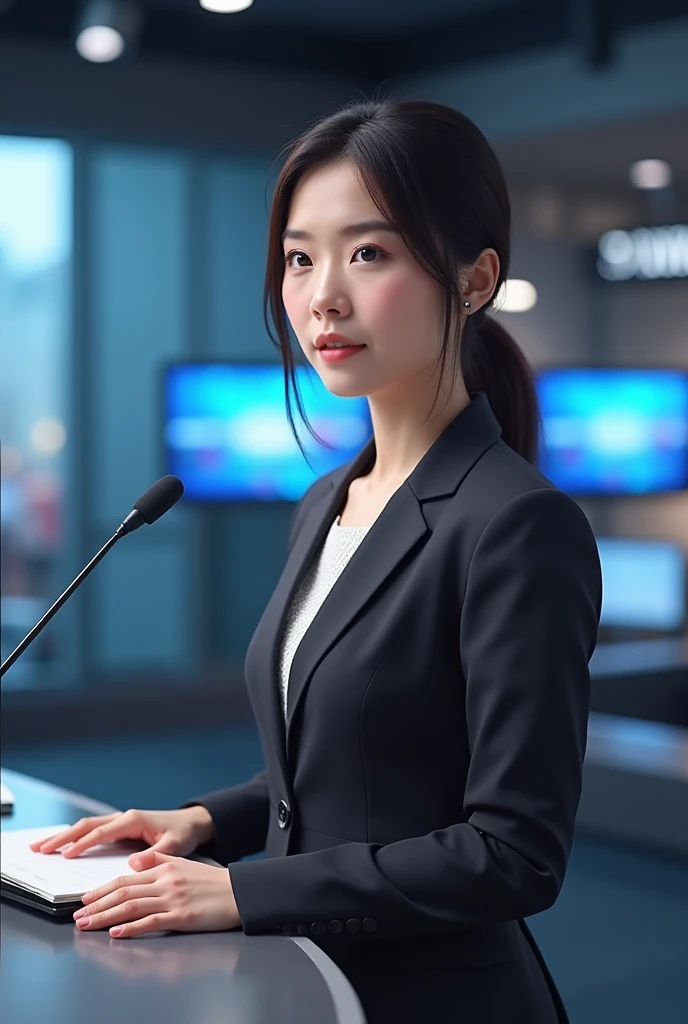 Japanese presenter giving news on newscast