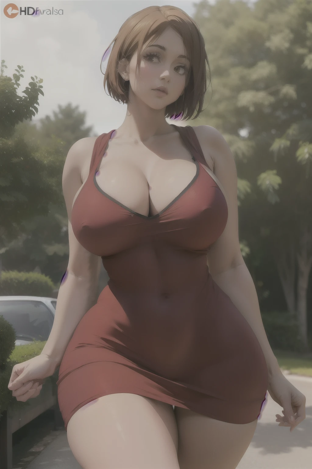 nobarajk, Nobara jujutsu kaisen, (Highest Quality:1.2), (Masterpieces:1.2), best quality, highres, 8k, (photorealistic:1.5), realistic, uhd, sexy, red short dress, posing for a picture, curvy model, soft curvy shape, , beautiful body and face, voluptuous body, giant stunning goddess shot, beautiful curves, beautiful curvy female, beautiful body, thick body, beautiful thick female