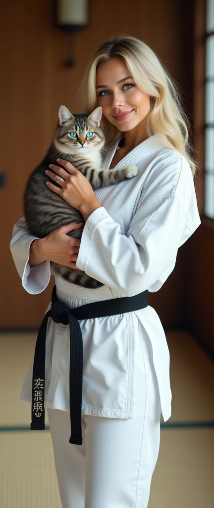 ((photogenic, photographic)), hold cat, (Scottish-hold cat, blue eye, shot hair, turn ears:1.3), Front view , Full- body, beautiful Scottish, 1, (blond hair, middle hair , Blue eyes, Beautiful Lips, smile), (C cup Breasts, Wide Hips) ,((Karate White clothes, Karate White underwear, Black obi:1.3)), At the Karate Dojo, Standing on tatami mat, Textured skin ((Surrealism, Fujicolor, Fujifilm, UHD, retina, masterpiece, accurate, anatomically correct, textured skin, super detail, high details, high quality, best quality, 8k))