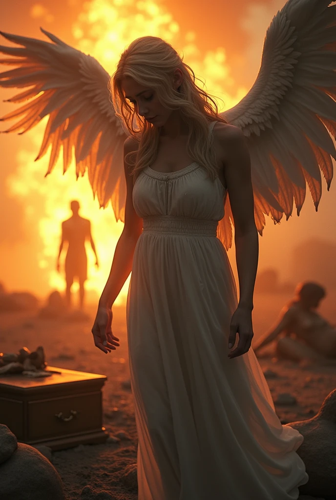 Create photo of crying angel with background on fire and a fallen man in the background of the distant image a coffin thrown on the ground