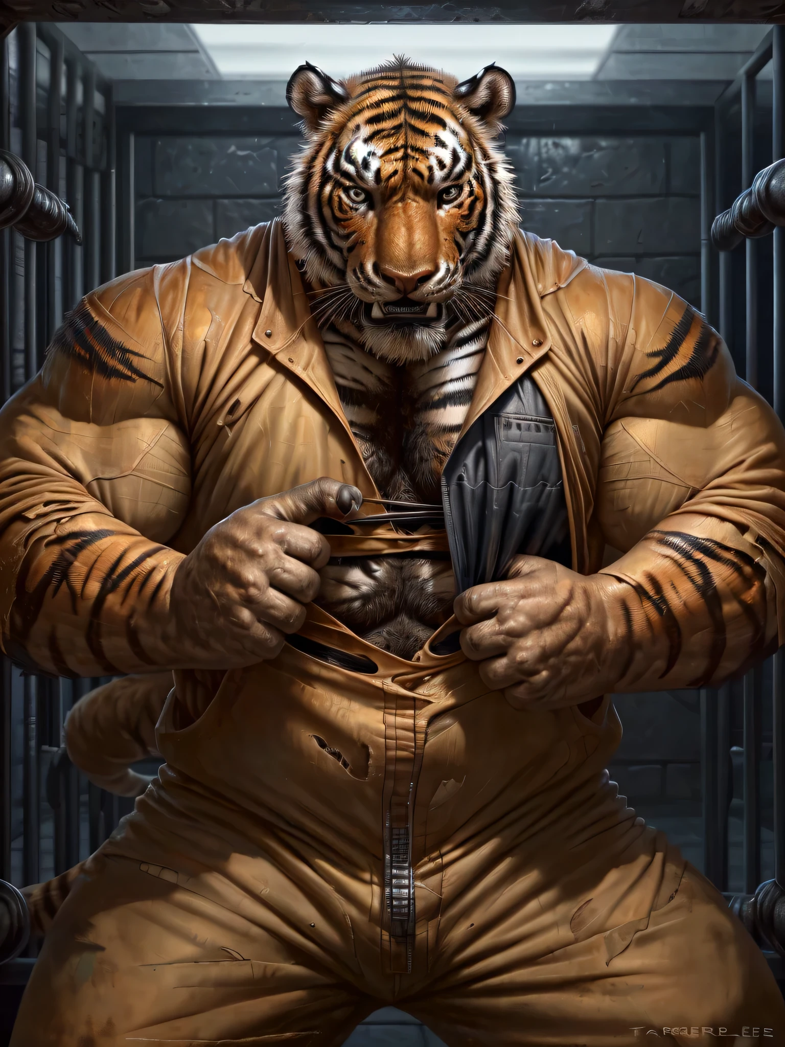 Prison setting, prison cell, tiger, equine, orange clothing, prison jumpsuit, flex, muscular, barazoku, evil grin, torn clothing,
by taran fiddler, [by morticus], (Sharp focus, masterpiece, 8k, intricate artwork, hyper detailed, high detail),
