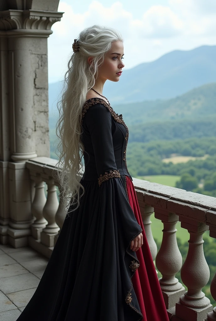 Create a girl a targaryen. She is a beautiful girl with an angelic face and long, curly, platinum-colored hair./white and she has violet eyes and she will be wearing a black and red medieval dress, and you will be on a balcony looking at the view *balcony of a castle*