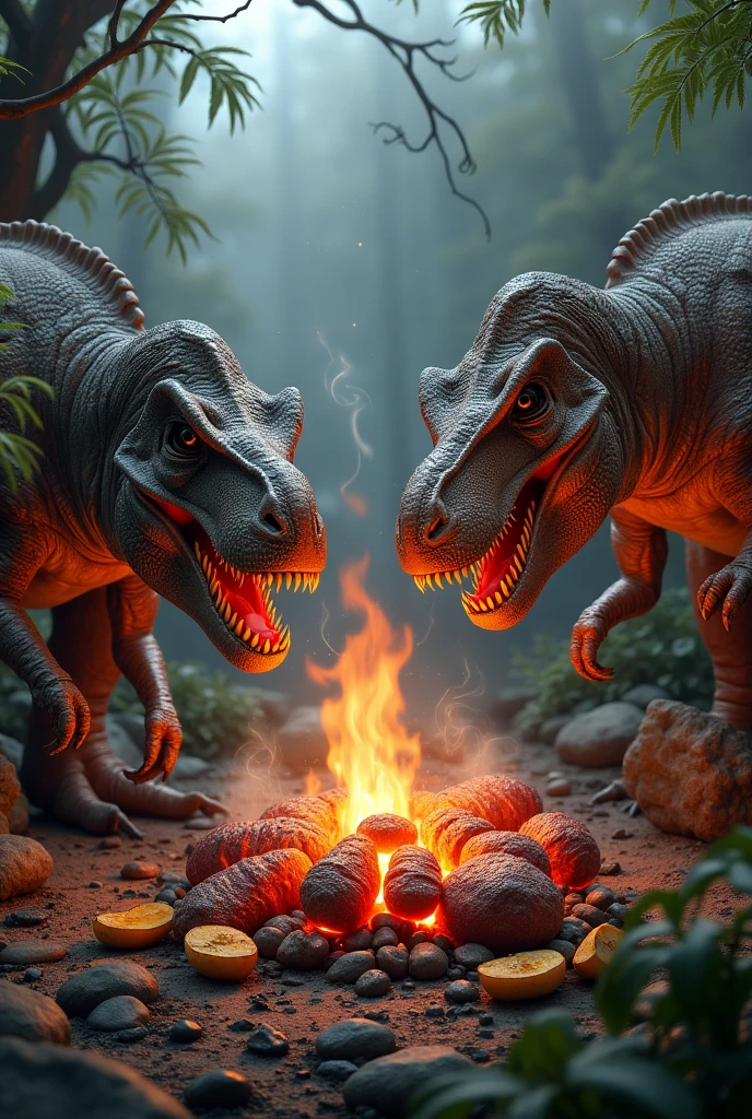 Barbecue of dinosaur meat with potatos