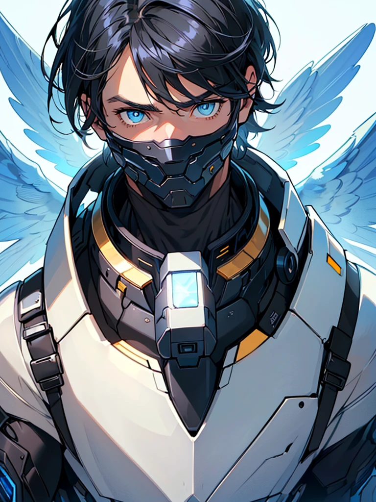 ((maximum quality, artwork, 4K, finely detailed, detailed eyes, detailed face, gelbooru, pixiv)), warm lighting, ((alone)), 1 man, handsome, masculine, mature adult man, broad shoulders, close face ((short black hair with white and blue streaks in the bangs, bangs in the eye, halo), portrait, kind face. looking at the viewer, ((calm eyes, half covered, blue eyes with white pupils)), wearing a black and blue and gold suit, having blue wings), city background in the angelic