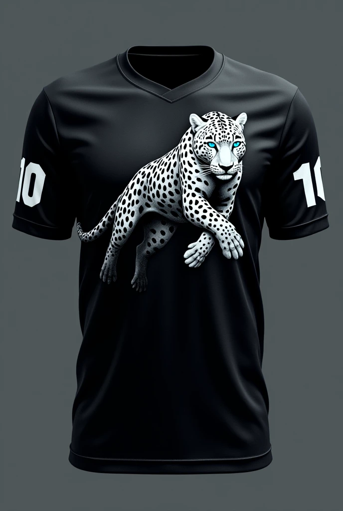 “Create a sleek and modern design for a black team jersey. The focus of the design is a white leopard with piercing blue eyes, positioned horizontally across the midsection of the jersey. The leopard should appear powerful and graceful, with intricate fur details and a slightly aggressive expression. The eyes should be vivid and striking, creating a strong contrast against the black fabric. Add the number ‘10’ on both sleeves in a bold, athletic font, matching the blue of the leopard’s eyes for a cohesive look. The overall design should exude strength, agility, and team spirit, with clean lines and high contrast to make the elements stand out on the black background. Ensure the design is optimized for printing, with attention to detail and a professional finish.”