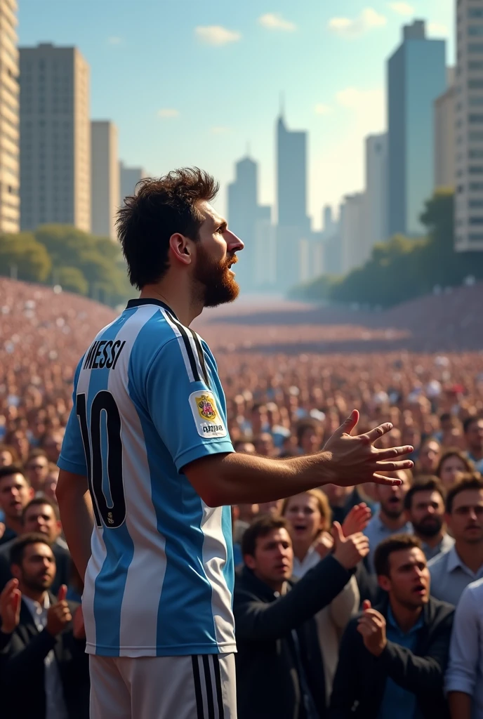 Messi is a political leader who is giving a blow in the stage in front of many people.