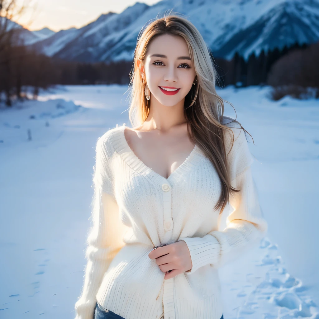 ((Top quality、8K、masterpiece:1.3))、Extremely beautiful,full-body shot,Huge breasts,Breast enlargement,Amazing breast size,G cup,Half breast exposed。Wear big earrings,Very white skin,Hydrating red lips,Very thin waist,Very thin thighs,Big Ass,Fair and smooth skin,Smooth and fair skin,Flawless skin,Fair and shiny skin,Cool white skin,Camera focuses on breasts,Bright Light,White sweater,Lower body exposed,White hair,White hair,Blizzard,Snow Mountain,Sunset,lake,sweet smile,Mouth slightly open