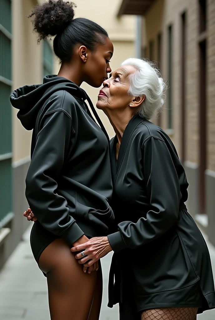 black woman hair in a bun black hoodie black leather short shorts a old grandma in a dress on her knees kissing her ass behind her squeezing her butt
