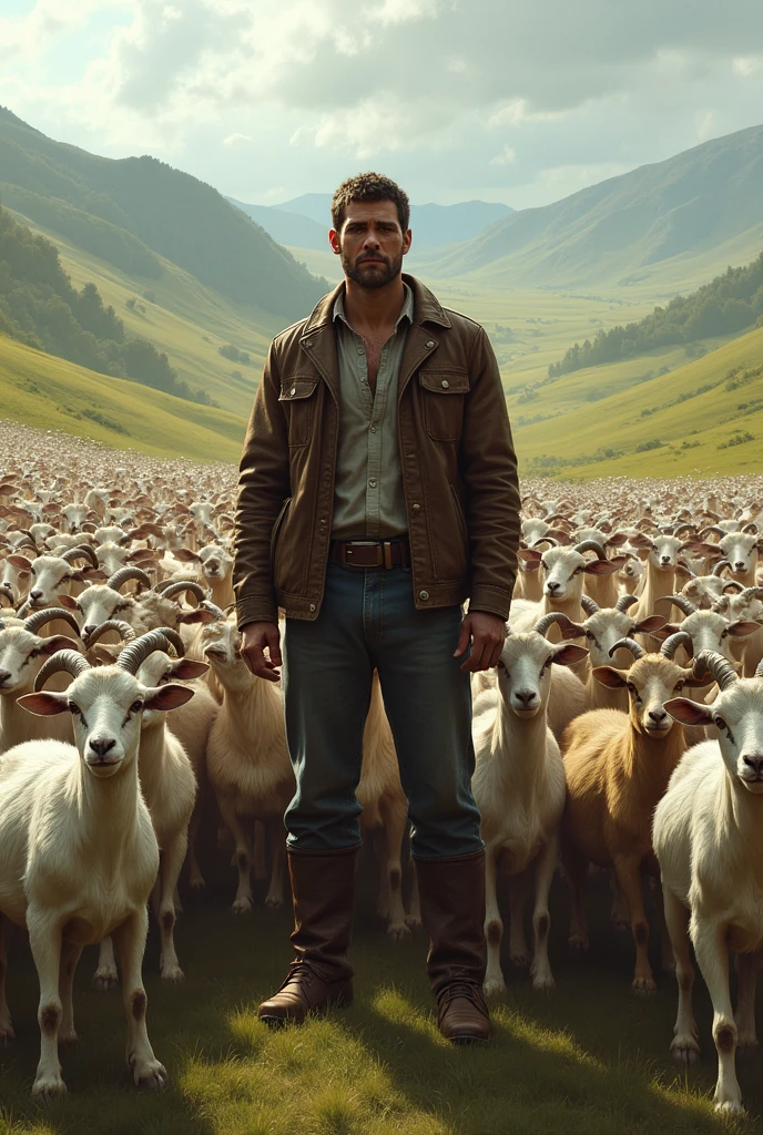 A guy standing in front of lots of goats