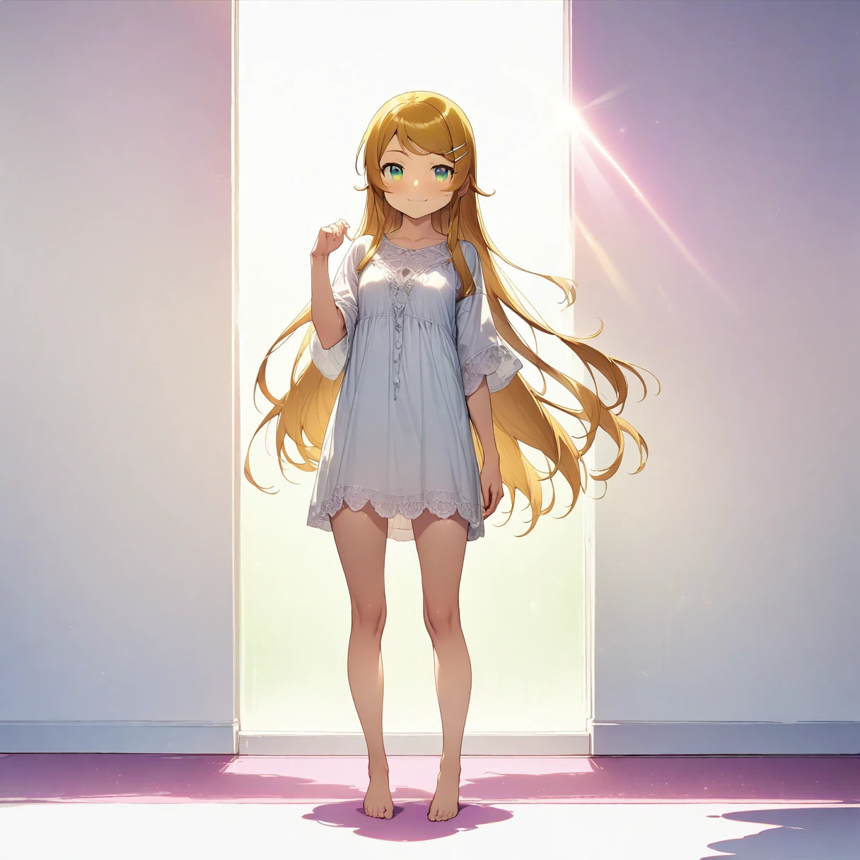 (Kirino Takasaka:0.0), 
(masterpiece), (Highest quality), High resolution, (Very detailed:2.0), (Best illustrations:2.0), (Best Shadow:0.1), (so beautiful:1.5),
(White Background), (White large room), (Pink carpet),

Focus on the eyes, (Light on face:1.8),(ambient light:1.8), 

My Little Sister Can&#39;t Be This Cute, (Kirino Takasaka), (kirino kousaka), Girl, 
Blonde, Yellow shiny hair, Long Hair, Hair Clip, Green Eyes, bangs, smile,

(Head to toe full body view), (Girlの全身), 中心にstand, 
(One person､solo:1.5), Full Shot, 

stand, Legs slightly apart, Girlの正面を見る,