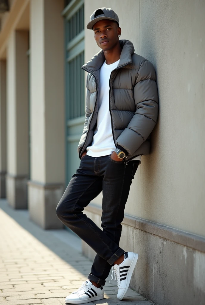 best qualityer:1.4), (ultra high resolution:1.2), (photorrealistic:1.4), (8k, CRU photo:1.2), 1 young black man, 20 years old. he is wearing a white shirt, gray puffer coat on top. He is wearing black jeans. Corte de cabelo buzzcut. He&#39;s wearing a gray cap backwards. He is wearing white Adidas sneakers. He&#39;s leaning against a wall. Corte de cabelo buzzcut. thin build. It&#39;s not blurry in the background. thin build. thin build. has 1.75 tall. There is a sun . best qualityer:1.4), (ultra high resolution:1.2), (photorrealistic:1.4), (8k, CRU photo:1.2), 
