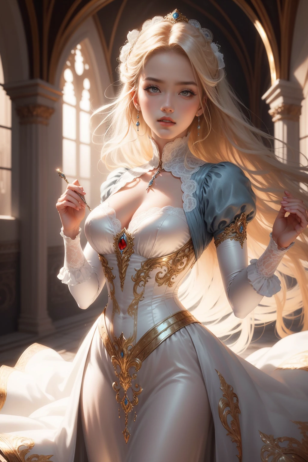 (Masterpiece - Ultra-detailed, very high resolution) Prepare to be enchanted by a true masterpiece that combines ultra-detailed art with high-resolution rendering. This work depicts a mesmerizing woman with very long blond hair (1.3) and captivating light blue eyes (1.2), emanating an aura of elegance and mystery in Victorian settings. The intricate details and realistic textures invite you to explore every aspect of this enchanting composition. Woman wearing beautiful classic Victorian costume from the year 1878. Red lips. Happy face. Smiling. white dress. Dancing lightly, upper body, dynamic poses. Get ready to dive into a world where beauty and craftsmanship merge perfectly.