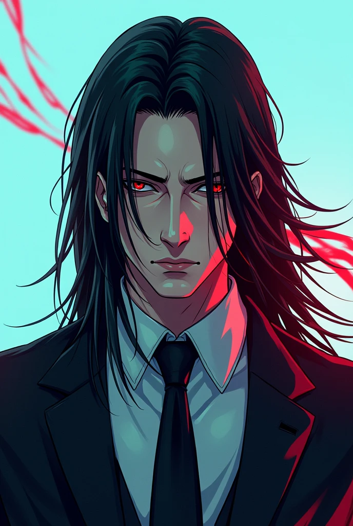 White man with long hair covering part of his face, light blue with red streaks in a suit and a serious expression with red marks on his face, anime