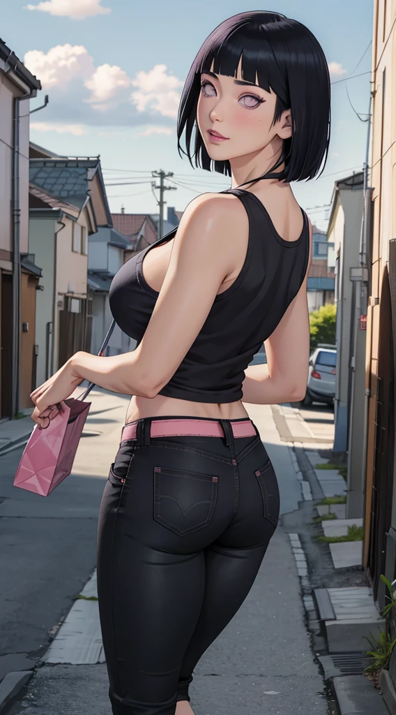 masterpiece, absurdres, hinata\(boruto\), 1girl, solo,mature female, black singlet, short jean pants, huge ass, outdoors, back street, cloudy sky, perfect composition, detailed lips, huge breast, cleavage ,beautiful face, body propotion, blush, (pink lips), purple eyes,  soft gaze, sad smile,  super realistic, detailed, photoshoot, realistic face and body,  realistic hair, realistic eyes, realistic nose, realistic lips, black hair, short hair, detailed hand and legs, detailed eyes full body review 