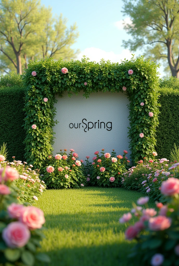 A large garden with a wall with plants and leaves, various flowers and roses, in the spring season, with the phrase our spring