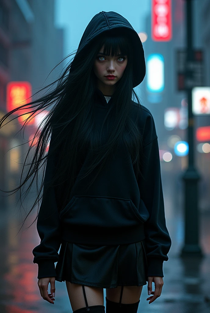 dark techno,cyberpunk,1 person、masterpiece, Highest quality, Very detailed、Black Hair、Long hair without bangs、Shiny, flowing hair、Iris、Tree Eyes、Gothic、Black hoodie, Black Skirt、Black thigh-high heeled boots、Diagonal angle、Midnight、Urban Background