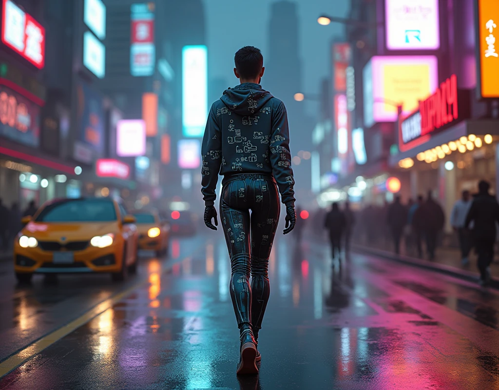 Graphic designer with cyberpunk style robotic parts walking down an avenue