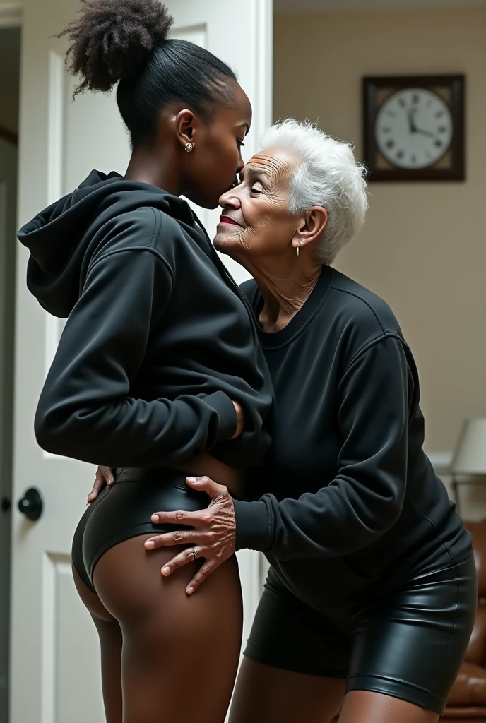 black woman hair in a bun black hoodie black leather short shorts bent over and old woman grabbing her ass cheeks and kissing her neck     living room