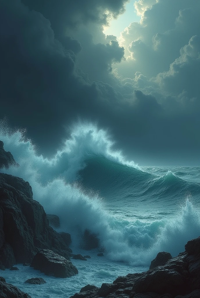 the image inspired by the poem "Go" by Carlos Angeles. Portrays the turbulent sea, crashing waves, and dark, Stormy sky, reflecting the poem&#39;s themes of the power of nature and the transitory nature of life.