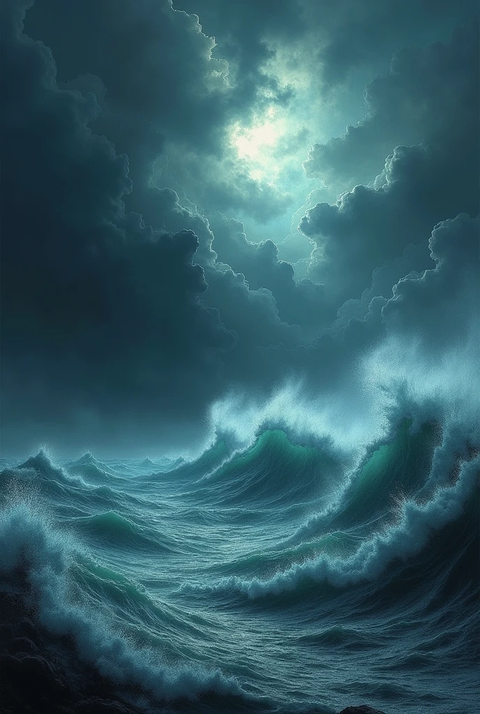 the image inspired by the poem "Go" by Carlos Angeles. Portrays the turbulent sea, crashing waves, and dark, Stormy sky, reflecting the poem&#39;s themes of the power of nature and the transitory nature of life.