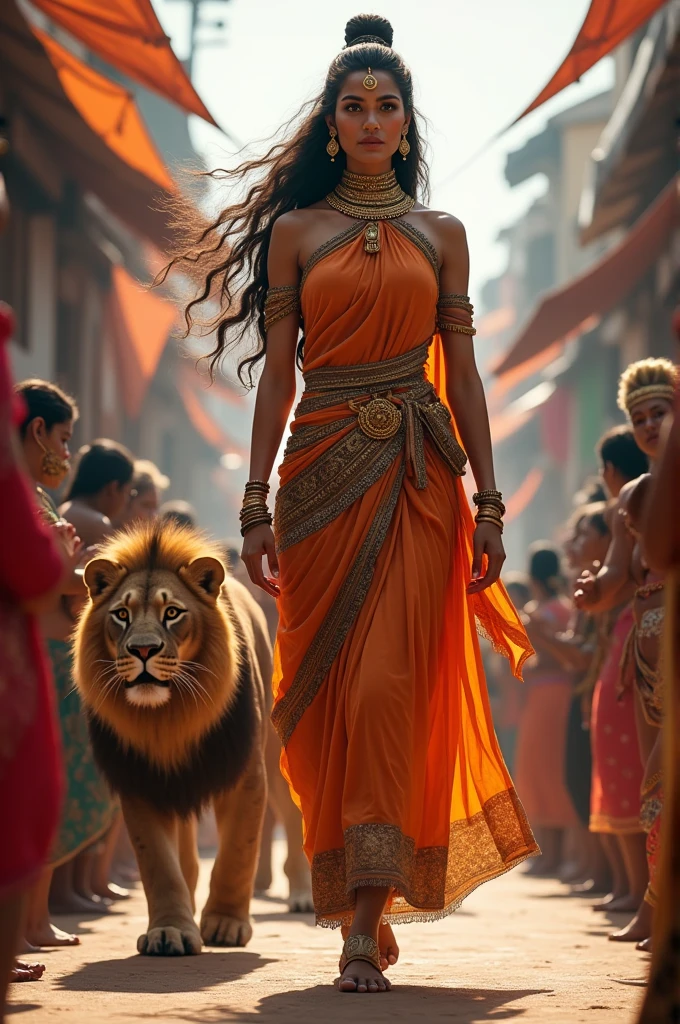 A women godess muthraamman walking in street in kulasai with her pet lion people workshiping