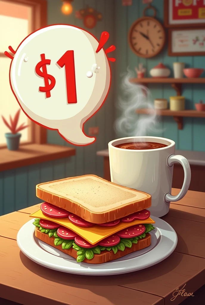 Create an image for an advertising poster, The place sells sandwiches and hot chocolate. . The sandwich has 1 mortadella and 1 slice of cheese, The sandwich is only 1 tier. Let the price of 1 dollar stand out, caricature style