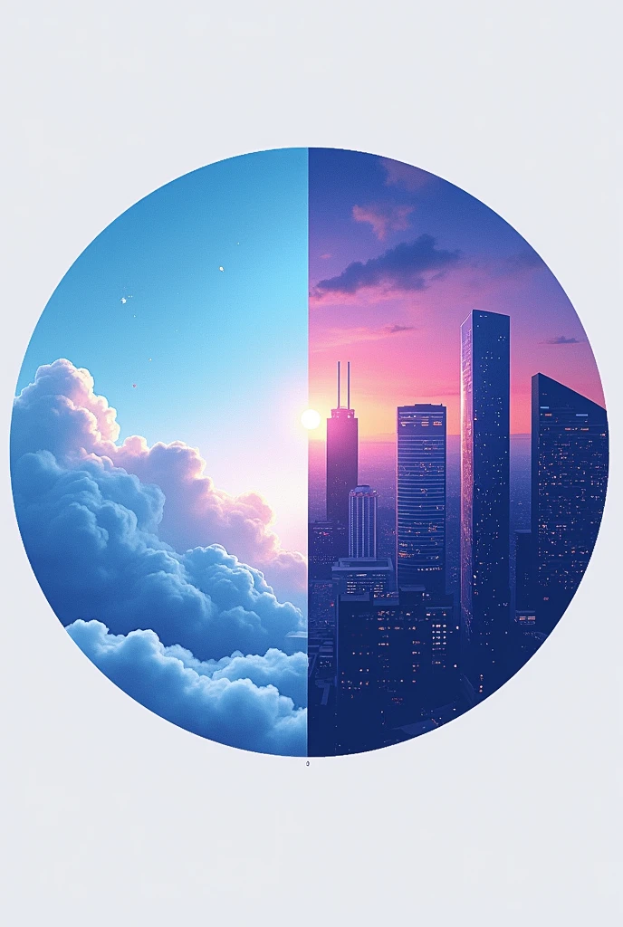Design a logo in the shape of a split circle. One half should show the dream world with soft colors (blue, purples) and elements like stars and clouds. The other half should represent a city with a cell phone with stronger colors and contrast. The transition between both halves should be smooth..