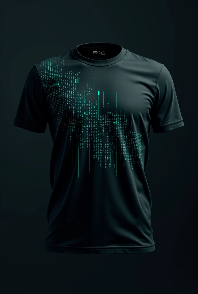 Black t-shirt design with light turquoise details related to programming