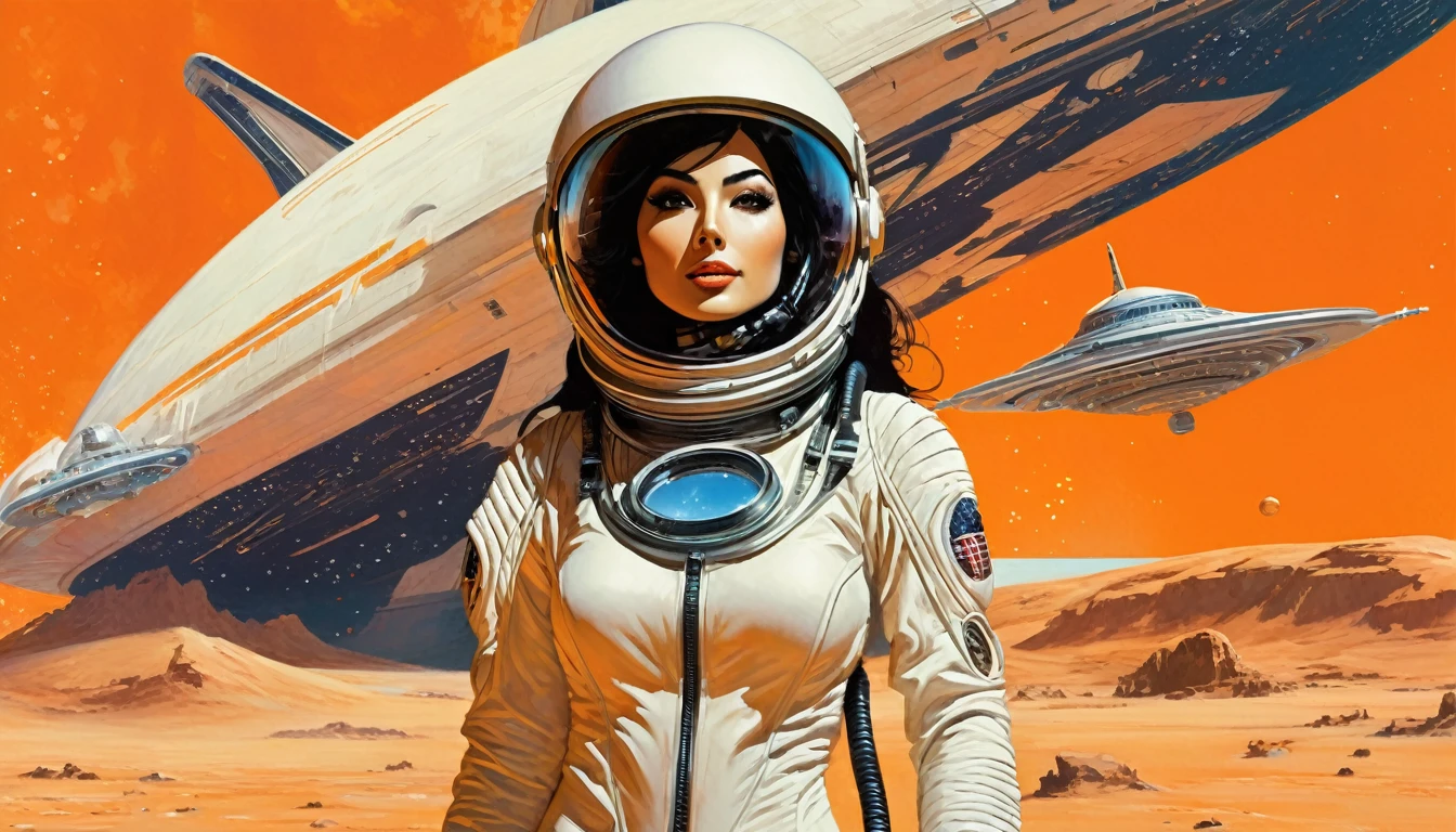 Arabic style image of a woman in a futuristic suit with a spaceship in the background, Cinematic art, In front of an orange background, Inspired by Robert McGinnis, Female protagonist, Megastructure in the background, AIastronautの肖像, astronaut, astronaut, astronautのスケルターの肖像画, Perfect Android, frank franzzeta and sakimichan