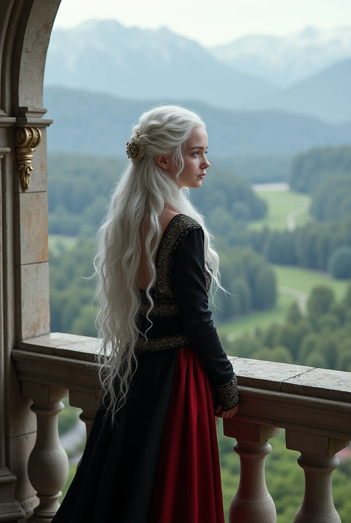 Create a girl a targaryen. She is a beautiful girl with an angelic face and long, curly, platinum-colored hair./white and she has violet eyes and she will be wearing a black and red medieval dress, and you will be on a balcony looking at the view *balcony of a castle*