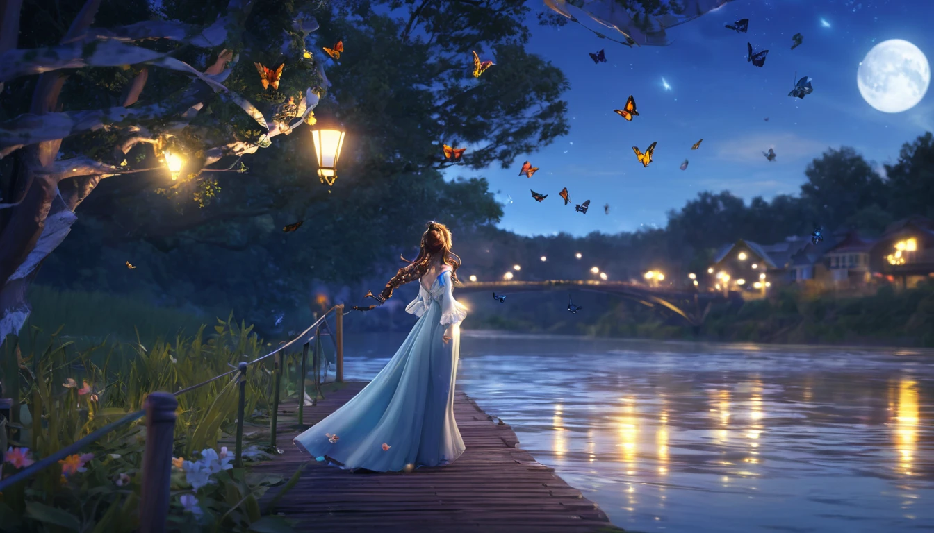 original, (masterpiece), (figure), (Very nice and beautiful), (Perfect detail), (Unity CG 8K Wallpaper:1.05), (Beautiful and vivid background:1.25), (Depth of written boundary:0.7),One person,Fun Shy , (Stand along the river:1.15).(Hair blowing in the wind:1.1),Butterflies are flying around, (Moonlight:0.6), wood, (summer), (night:1.2), (close:0.35), (gloves:0.8), alone ,