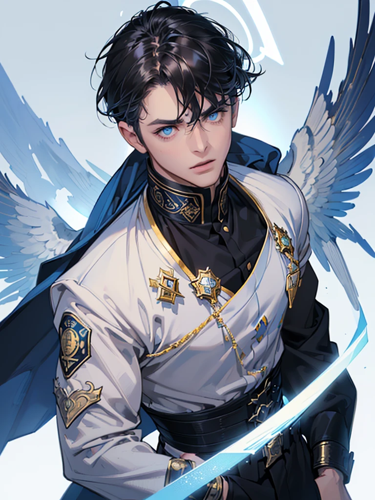 ((maximum quality, artwork, 4K, finely detailed, detailed eyes, detailed face, gelbooru, pixiv)), warm lighting, ((alone)), 1 man, handsome, masculine, mature adult man, broad shoulders, close face ((short black hair with white and blue streaks in the bangs, bangs in the eye, halo), portrait, kind face. looking at the viewer, ((calm eyes, half covered, blue eyes with white pupils)), wearing a black and blue and gold suit, having blue wings), city background in the angelic