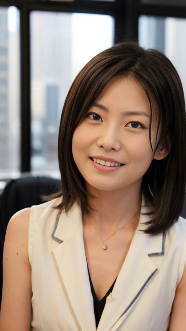 (top-quality, 16K, masterpiece:1.3), (ultra detailed), (masterpiece), (best quality), Highest quality, Realistic, Surreal, Highest quality, Extremely detailed CG, Very delicate, 16K wallpaper, High resolution, A woman in a management position at a prestigious company, (38歳), ((Silky hair:1.2)), (beautiful short hair:1.2), BREAK ((upper body:1.5)), ((look into the viewer's eyes:1.5)), ((looking at viewer:1.5)), ((Front view:1.5)), ((from front:1.5)), BREAK cute girl, short girl, short arms, ((small eyes)), fleeting atmosphere, ((thin eyebrows:1.2)), ((thin lips:1.5)), ((orgasm:1.5)), ((ecstasy:1.5)), ((mole under eye:1.2)), BREAK ((small breast)), ((('s body:1.5))), (((petite body:1.5))), pretty girl, ((UNTITLED business suit:1.2)), ((Very simple necklace)), With a large window Japanese office, ((Working at desk:1.5)), Japanese, slender body, very detailed, detailed fingers, detailed hands, detailed eyes, detailed legs, accurate and perfect human anatomy, real human skin,