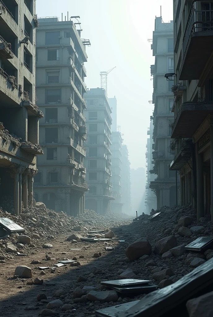HD image with many details in destroyed buildings and collapsed streets