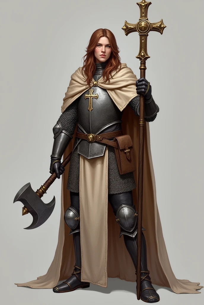 A brown-haired RPG cleric in light chain mail armor, a staff with a cross on the end, a hammer on the waist, gray background and a bag at the waist, Please