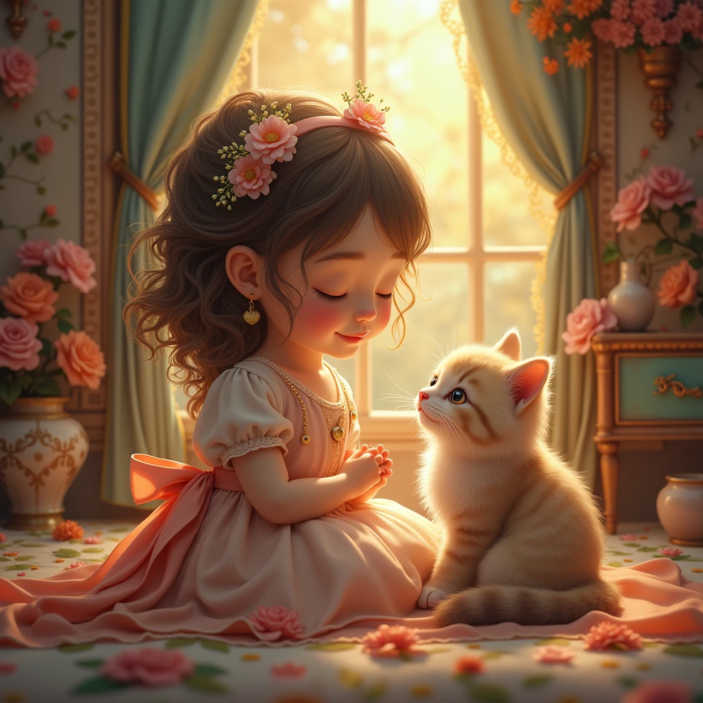 a girl, cute and fluffy cat, bidding, idyllic, magic scene, Beautiful room , (best qualityer, 4K, 8k, high resolution, work of art:1.2), ultra detaild, (Realist, fotorRealista, foto-Realista:1.37), warm lighting, swirly vibrant colors, softfocus, fairy tale, dreamy, cozily, adorable, comely, caprichosa, posh, enchanting, serene, peaceful, innocent, heartwarming, Imaginative