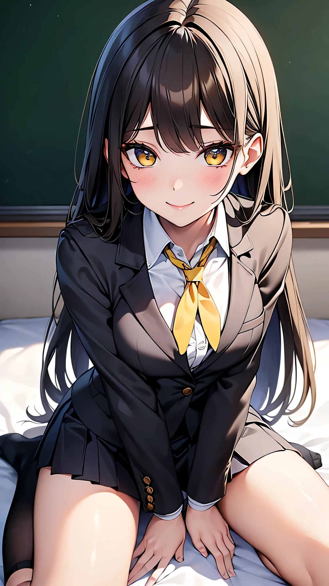 4K resolution,((Highest quality)),Ultra-high resolution,young woman, alone, sexy, (A fleeting smile), (Pale yellow eyes), Beautiful and symmetrical face, (Brown set long hair),Blazer uniform,Dress shirt,Pleated mini skirt,Knee-high socks,Realistic:1.4,Realistic:1.4,(masterpiece:1.2),Perfect Eyes,Perfect Eyes,Perfect Legs,Open your legs a little,classroom,（Fellatio gestures:1.1）,（Open your mouth:1.2）