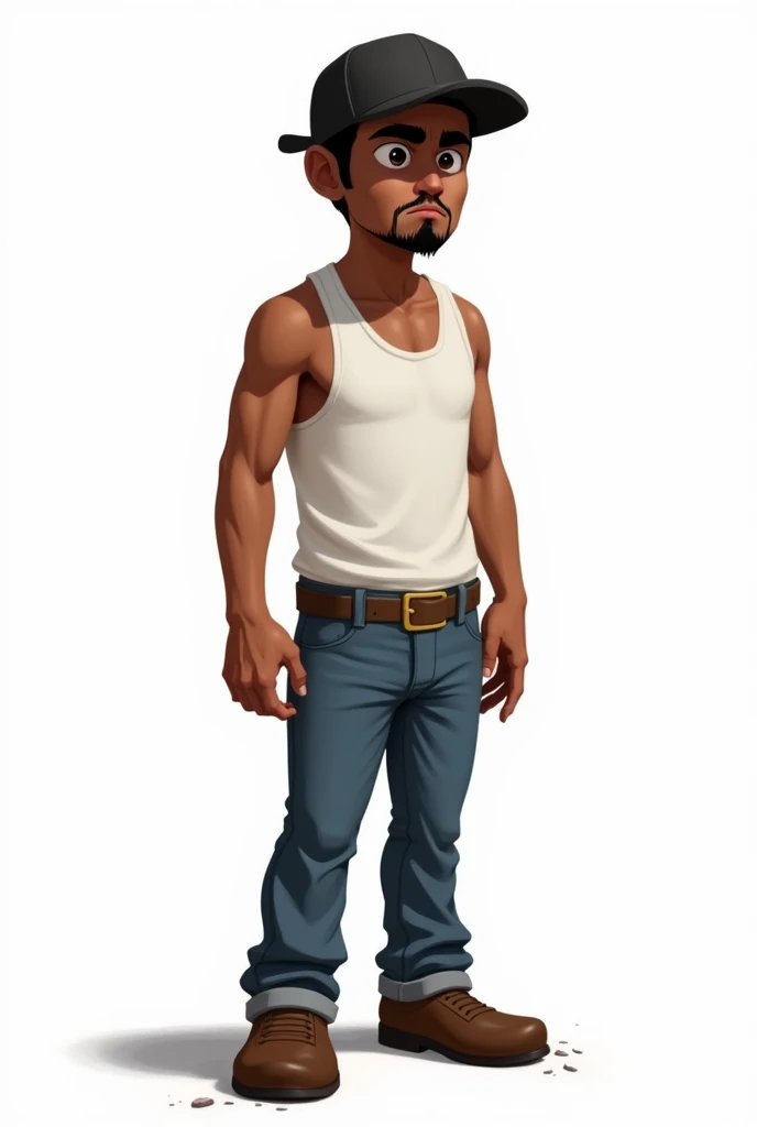 a drawing, naughty man, short stature, 1,65 tall, 60 kilos, stark, goatee, brown skinned, Black cap, white tank top, blue jeans, brown dress shoe, Seriously, Apocalypse theme, white background, fully body