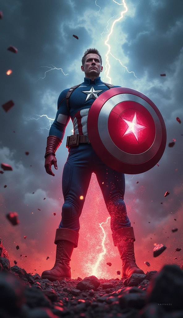 Depict Captain America in a powerful, dramatic scene where a fragment of the Reality Stone fuses with his iconic shield. The image should capture the moment of fusion with intense energy radiating from the point of contact between the stone and the shield. The Reality Stone, glowing with a vibrant and ominous red light, should be merging into the center of the shield, causing red and blue energy to swirl and intertwine around it. Captain America stands at the center of the scene, his expression a mix of determination and awe as he grips the shield tightly. His stance is strong and grounded, as if bracing against the surge of power. The background features a stormy sky, dark clouds swirling with flashes of lightning, reflecting the turmoil of the transformation. The ground beneath him cracks and splinters, with debris being pushed outward by the force of the energy. The shield itself should be illuminated with a glowing aura, and the red from the stone should contrast sharply with the
