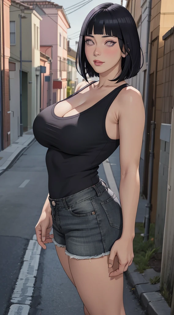 masterpiece, absurdres, hinata\(boruto\), 1girl, solo,mature female, black singlet, short jean pants, huge ass, outdoors, back street, cloudy sky, perfect composition, detailed lips, huge breast, cleavage ,beautiful face, body propotion, blush, (pink lips), purple eyes, soft gaze, sad smile, super realistic, detailed, photoshoot, realistic face and body, realistic hair, realistic eyes, realistic nose, realistic lips, black hair, short hair, detailed hand and legs, detailed eyes full body review