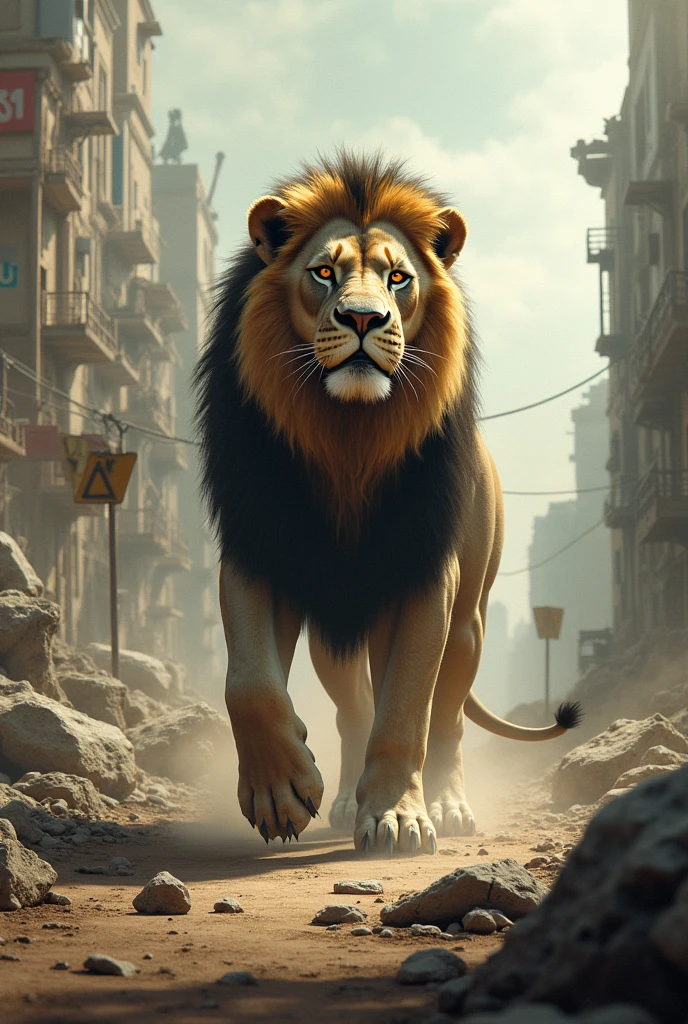 Create for me an image of a deserted place with a fierce lion