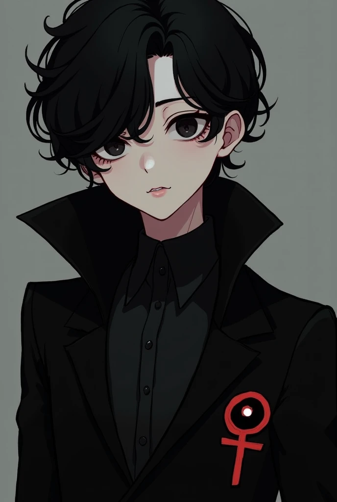 A character in the style similar to chainswanman, Trans man, shorth hair, but at neck height, he is very effeminate, He has 1,50 tall, dark eyes and black hair and he wears a black overcoat, curly hair, in the coat part there is a little red eye on the left and it is small,  just like a symbol and inside he wears a black blouse with a high collar, curly hair, he has a little dark circles, he has a fringe on his right eye.

