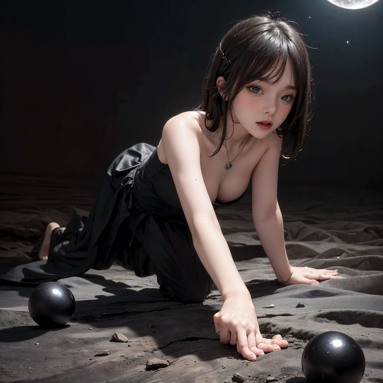 (masterpiece, best quality:1.2, 8k RAW photo, 1girl, solo, natural soft lighting), black witch, small breast, powerfull magic,midnight, moon eclipse background,crawling on all fours